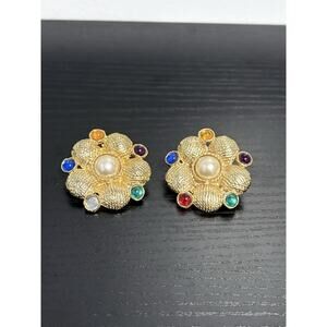 Vintage 80s Gold-Toned Faux Pearl Multicolor Retro Flower Clip-On Earrings